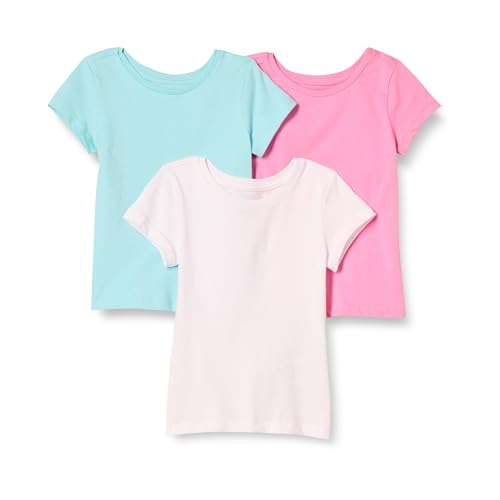 Amazon Essentials Girls' Short-Sleeve T-Shirt Tops (Previously Spotted Zebra), Pack of 3, Aqua Blue/Pink/White, Medium