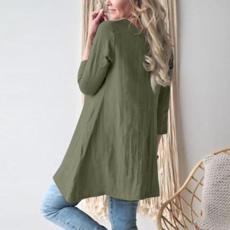 Green S Womens Tunic Tops 2024 Cotton Linen Long Sleeve Casual Loose Summer Blouse Pullover Asymmetrical Hem Crew Neck Oversized Fall Shirt A Line Tunic Dress with Pocket