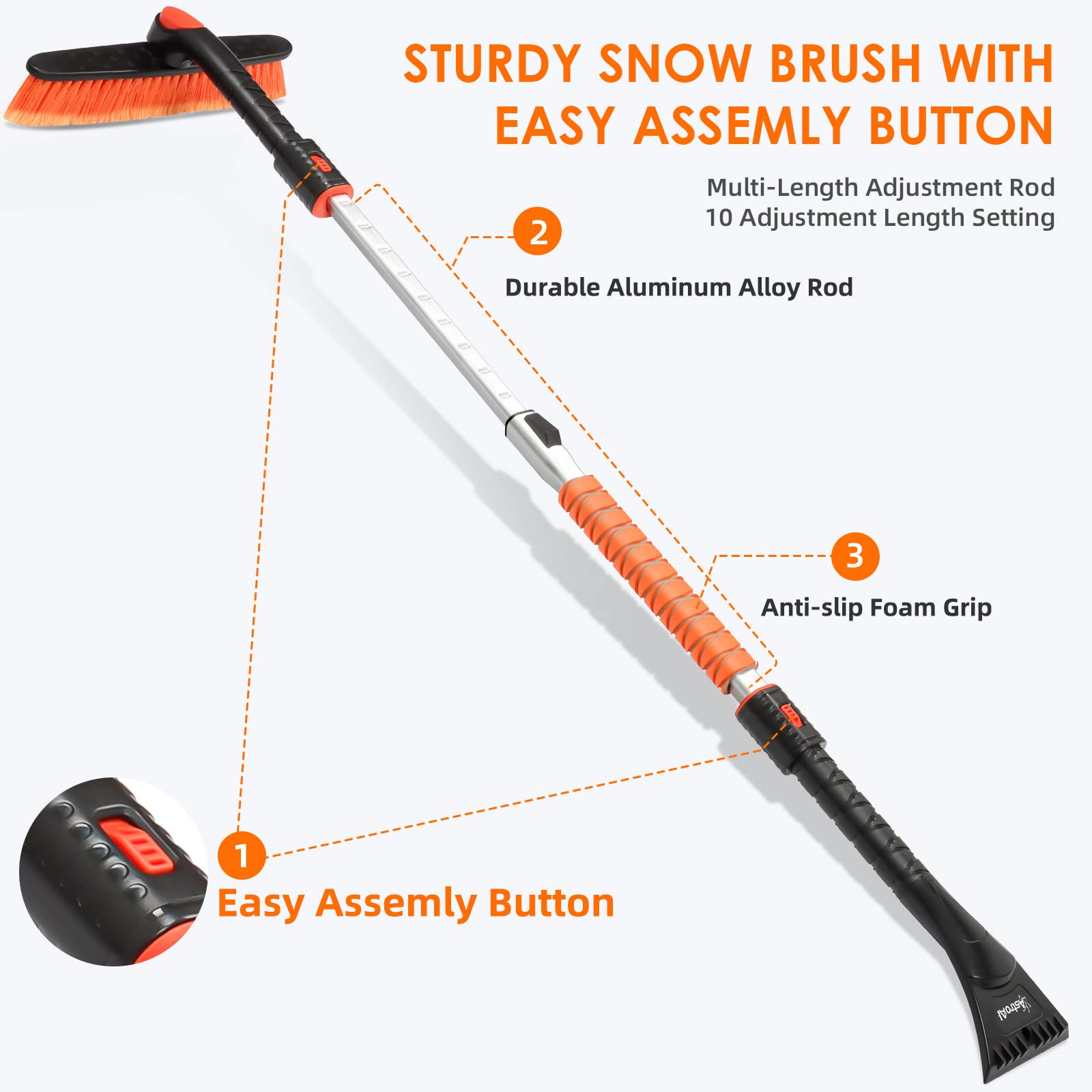 AstroAI 47.2" Ice Scrapers for Car Windshieldand Extendable Snow Brush with Foam Grip and 360° Pivoting Brush Head for Christmas Car Auto Truck SUV(Orange)