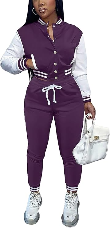 AIIYYQB Womens Fall 2 Piece Tracksuit Button Down Cropped Varsity Jacket Pants Set Jogger Sweatsuit