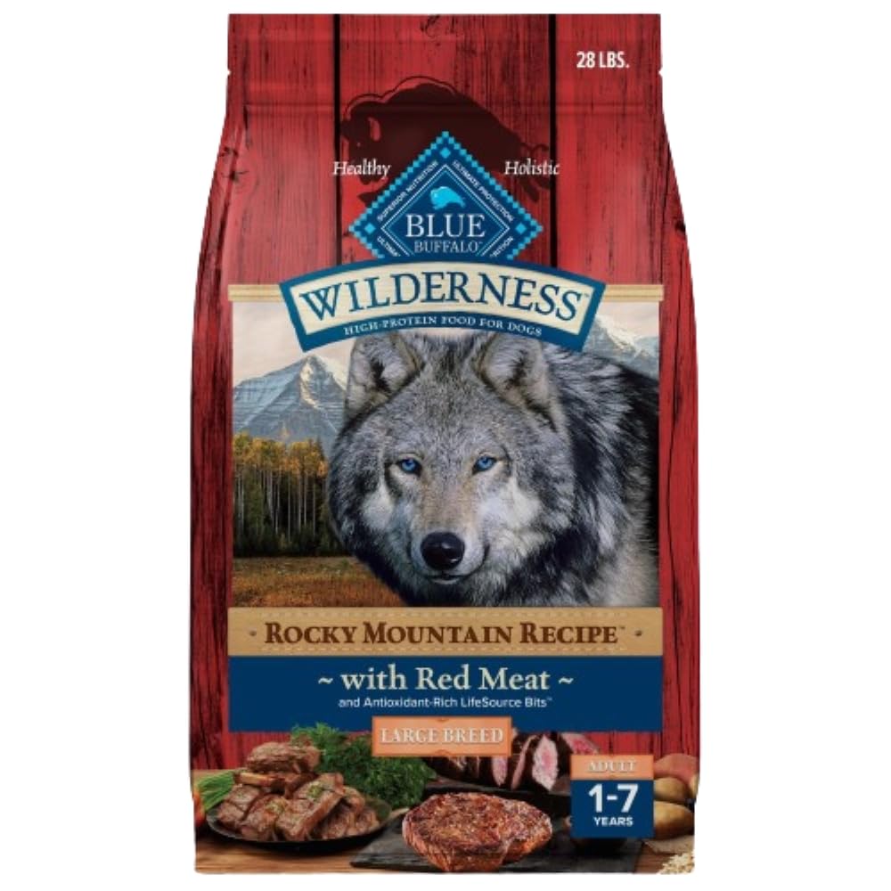 Blue Buffalo Wilderness High-Protein Rocky Mountain Recipe Dry Food for Large Breed Adult Dogs, Red Meat & Grains, 28-lb. Bag