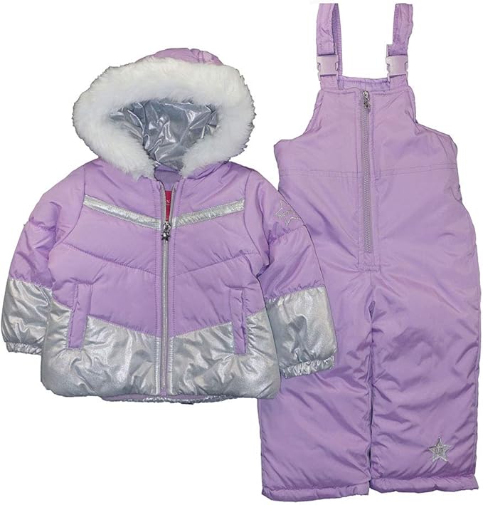 London Fog Girls' Toddler Snowsuit with Snowbib and Puffer Jacket(Discontinued), Violet Silver Foil, 2T