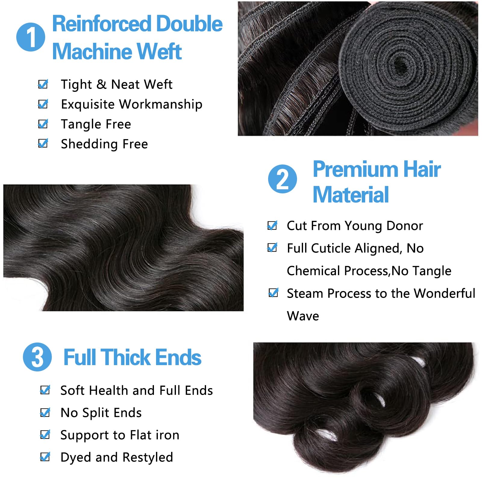 Body Wave Bundles Human Hair Brazilian Hair 3 Bundles Human Hair for Black Women 22 24 26 Inch 10A Grade 100% Unprocessed Body Wave Human Hair Bundles Hair Extensions Natural Color