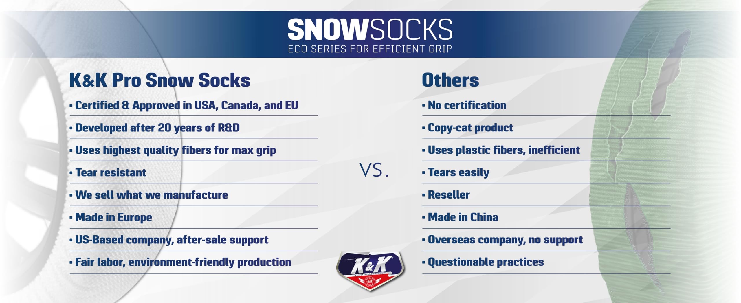 K&K Automotive Snow Socks for Tires - Eco Series for Efficient Grip Alternative for Tire Snow Chain - Snow Traction Device for Passenger Cars SUVs Trucks Winter Emergency Accessory European(X-Small)