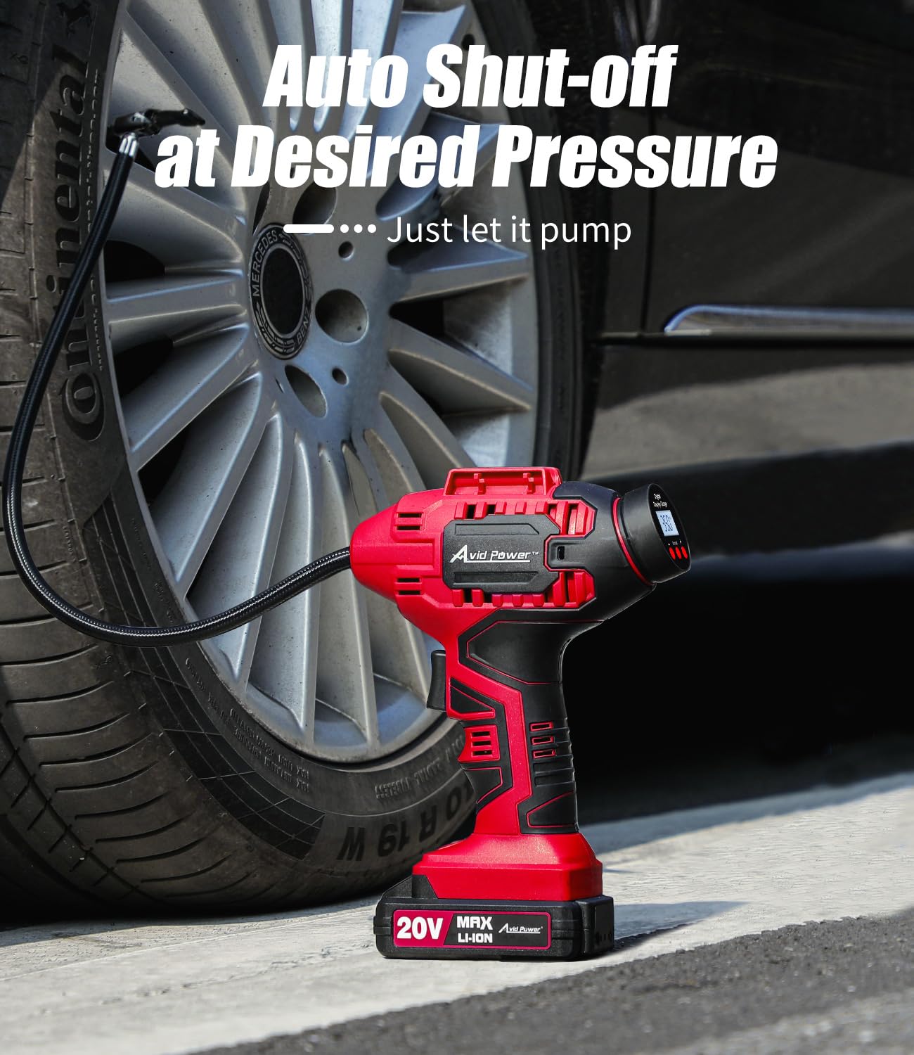 AVID POWER Tire Inflator Portable Air Compressor, 20V Cordless Car Tire Pump, Rechargeable Battery Powered Air Compressor w/12V DC Adapter, Digital Pressure Gauge