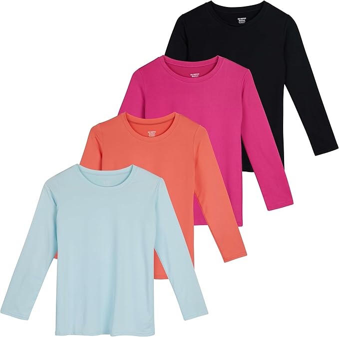 4 Pack: Girls Girl Long Sleeve Tshirts Shirt Tshirt Shirts Tees Active T-Shirts Tops Dry Fit Crew Neck Active Athletic Essentials Soccer Sports Yoga Gym Young Teen Chicas Clothes - Set 8, M (10-12)