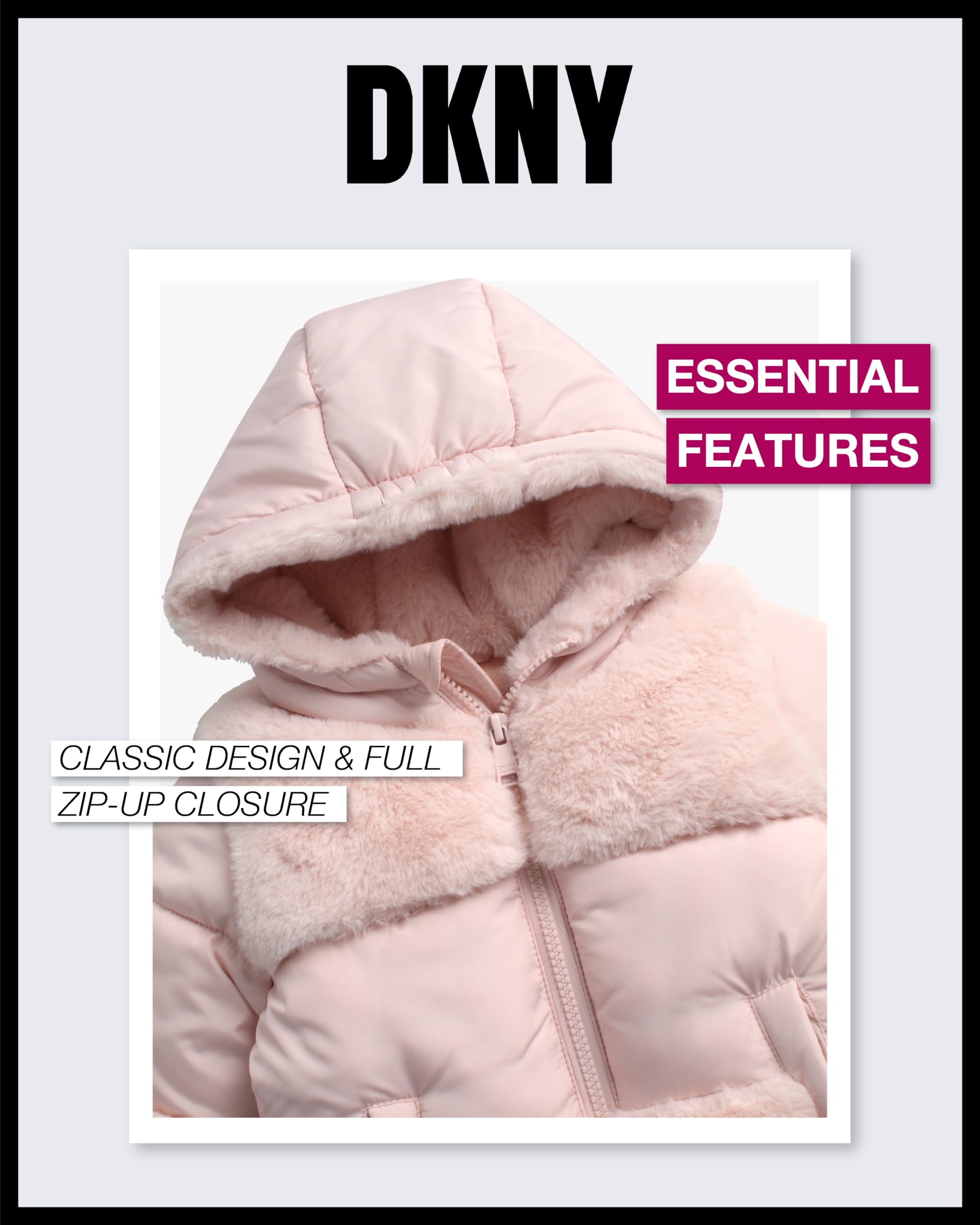 DKNY Infant Toddler Baby Girls' Winter Coat- Polar Fleece Lined Hooded Quilted Bubble Puffer Jacket for Girls (12M-4T), Size 4T, Blush