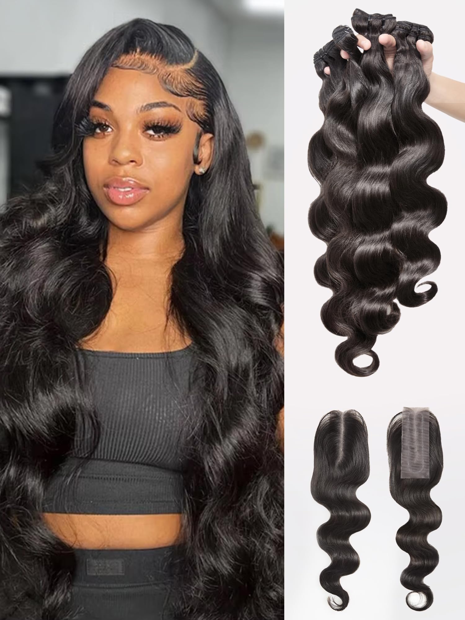 Body Wave Bundles Human Hair 16 18 20 22 4 Bundles Human Hair Extensions Natural Black Color Brazilian Virgin Unprocessed Human Hair with Mono Top Closure