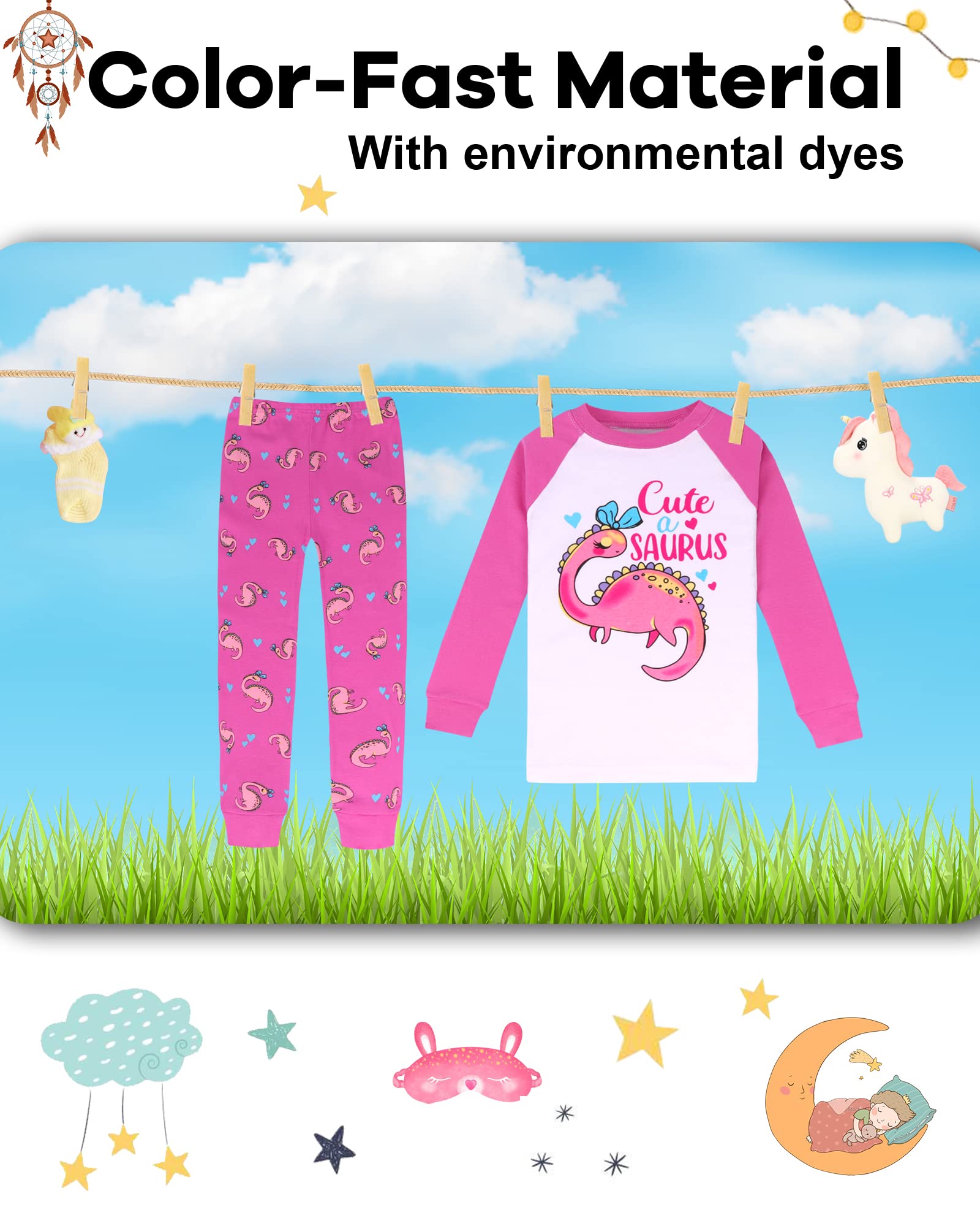 DAUGHTER QUEEN Girls Pajamas Toddler Dinosaur PJs Kids Sleepwear 100% Organic Cotton Pj Sets Children 4 Piece Long Sleeve Jammies Dino Clothes Size 2T Age 2 Years Old