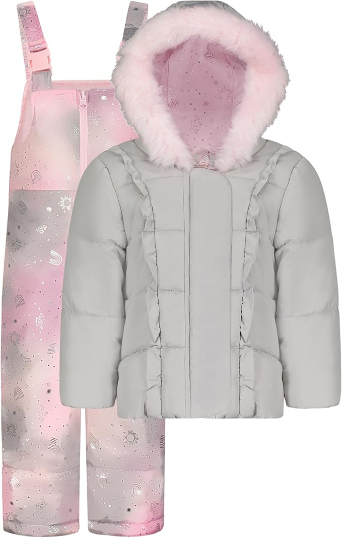 London Fog Girls' Toddler Snowsuit with Snowbib and Puffer Jacket(Discontinued), Violet Silver Foil, 2T