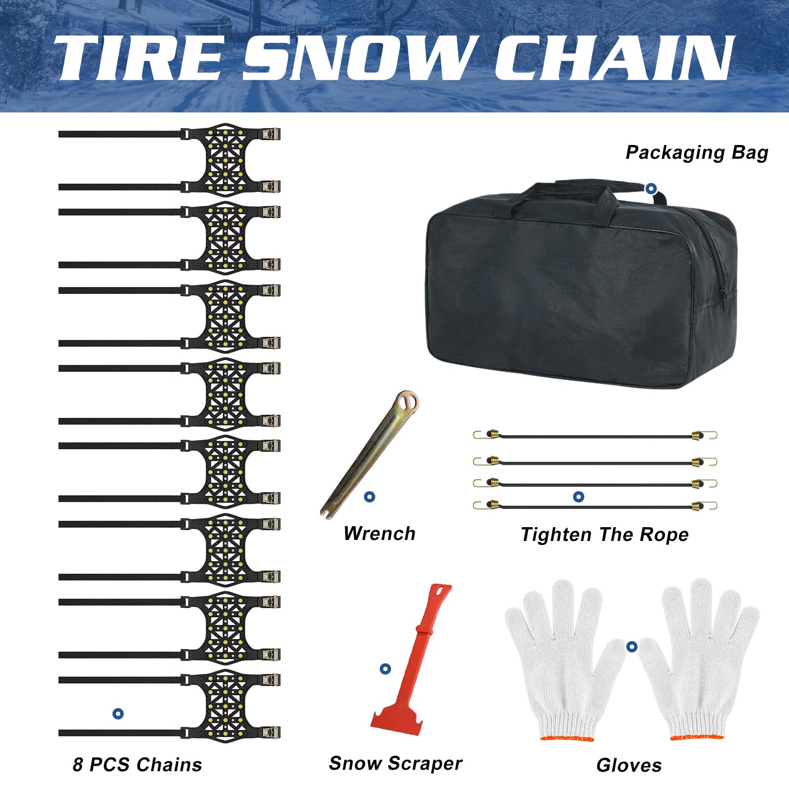 LILYPELLE Upgraded Snow Chains 8 Pack, Tire Chains for Cars/SUVs/Pickup Trucks, Emergency Anti Slip Tire Traction Chains for Tire Width 165-275mm