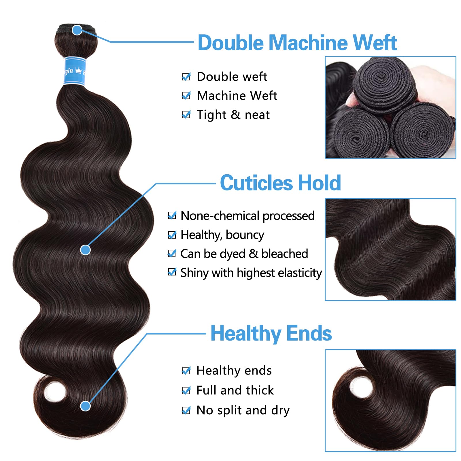 Body Wave Bundles Human Hair Brazilian Hair 3 Bundles Human Hair for Black Women 22 24 26 Inch 10A Grade 100% Unprocessed Body Wave Human Hair Bundles Hair Extensions Natural Color