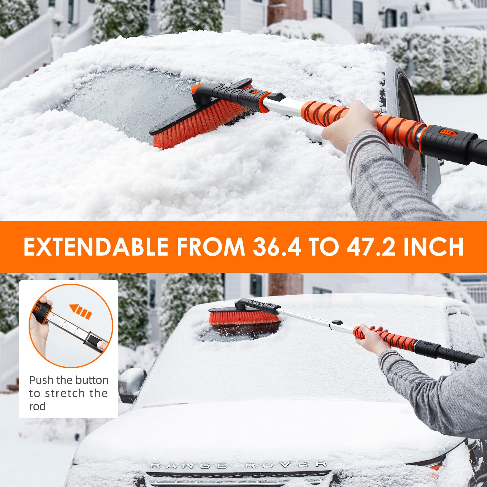 AstroAI 47.2" Ice Scrapers for Car Windshieldand Extendable Snow Brush with Foam Grip and 360° Pivoting Brush Head for Christmas Car Auto Truck SUV(Orange)