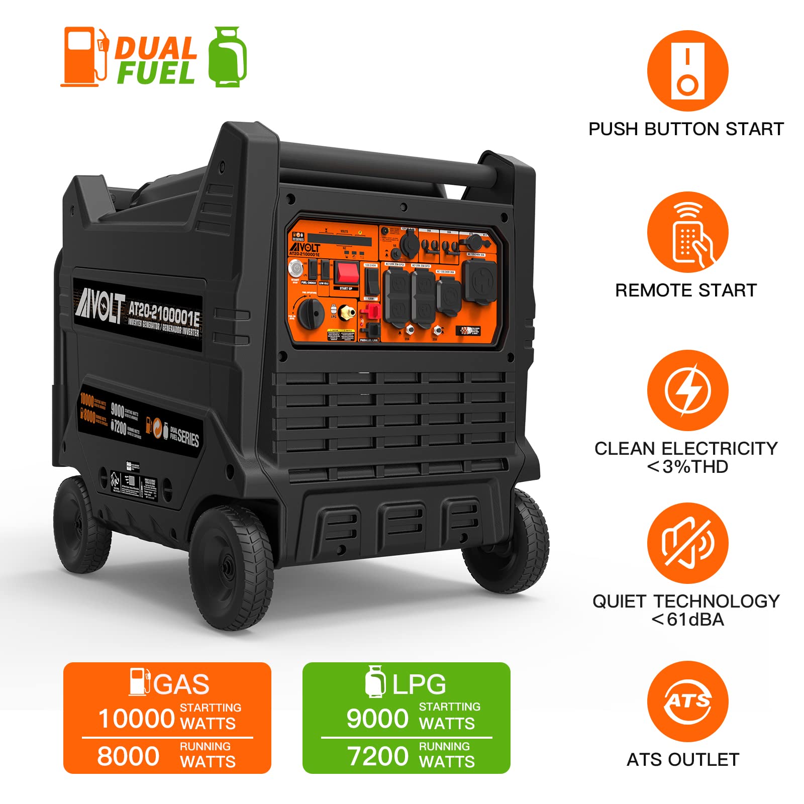 AIVOLT Dual Fuel Portable Inverter Generator- 10000 Watts Gas or Propane Powered Home Back Up Electric Start Inverter Generator (10,000 Watts Dual Fuel)