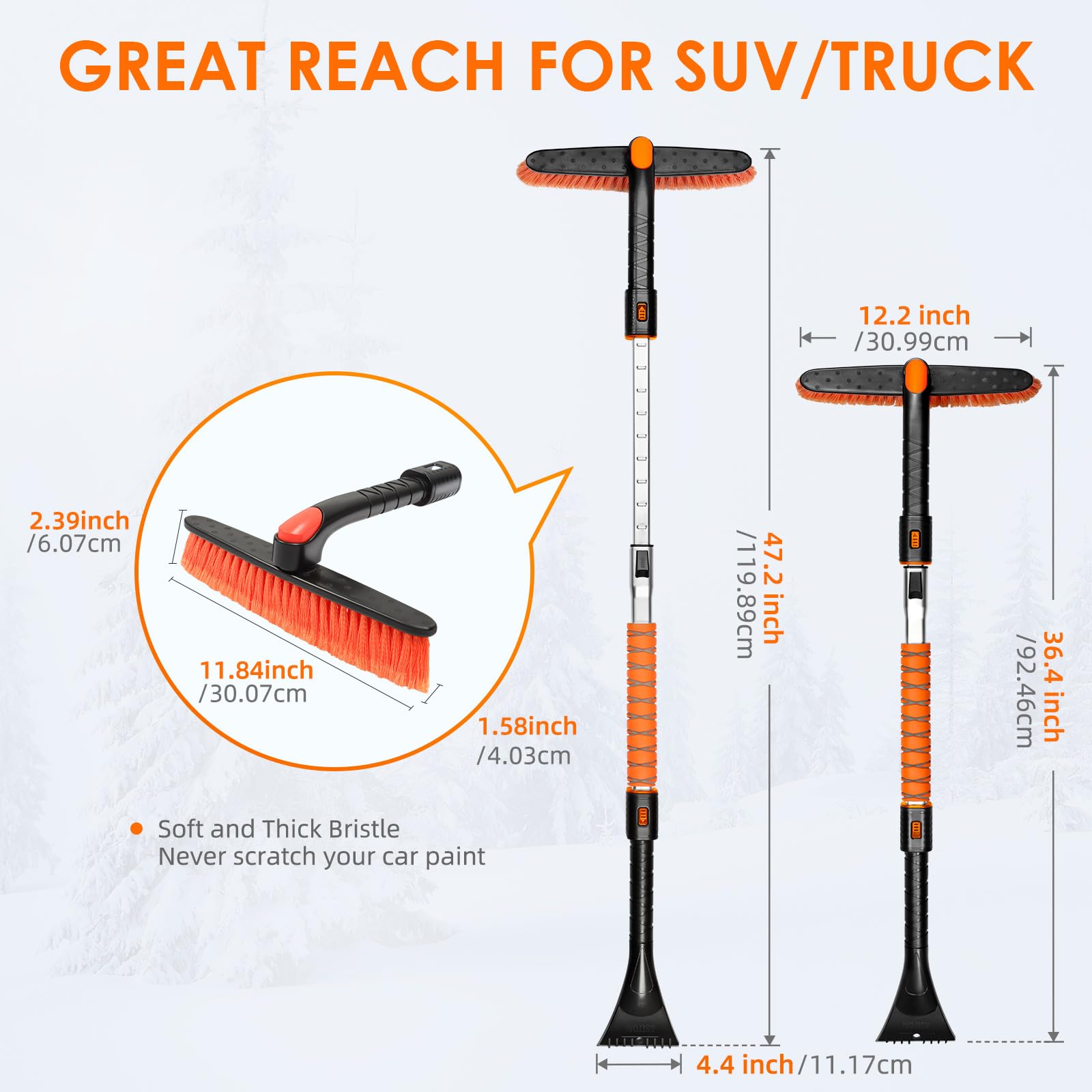 AstroAI 47.2" Ice Scrapers for Car Windshieldand Extendable Snow Brush with Foam Grip and 360° Pivoting Brush Head for Christmas Car Auto Truck SUV(Orange)