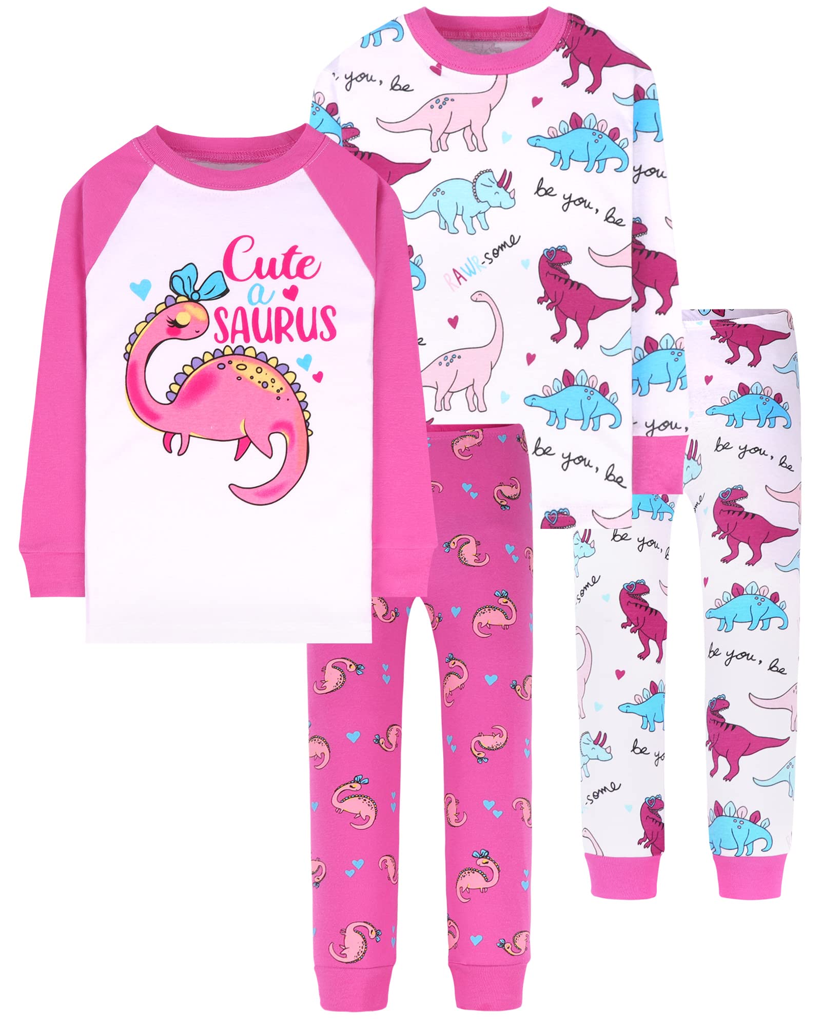 DAUGHTER QUEEN Girls Pajamas Toddler Dinosaur PJs Kids Sleepwear 100% Organic Cotton Pj Sets Children 4 Piece Long Sleeve Jammies Dino Clothes Size 2T Age 2 Years Old