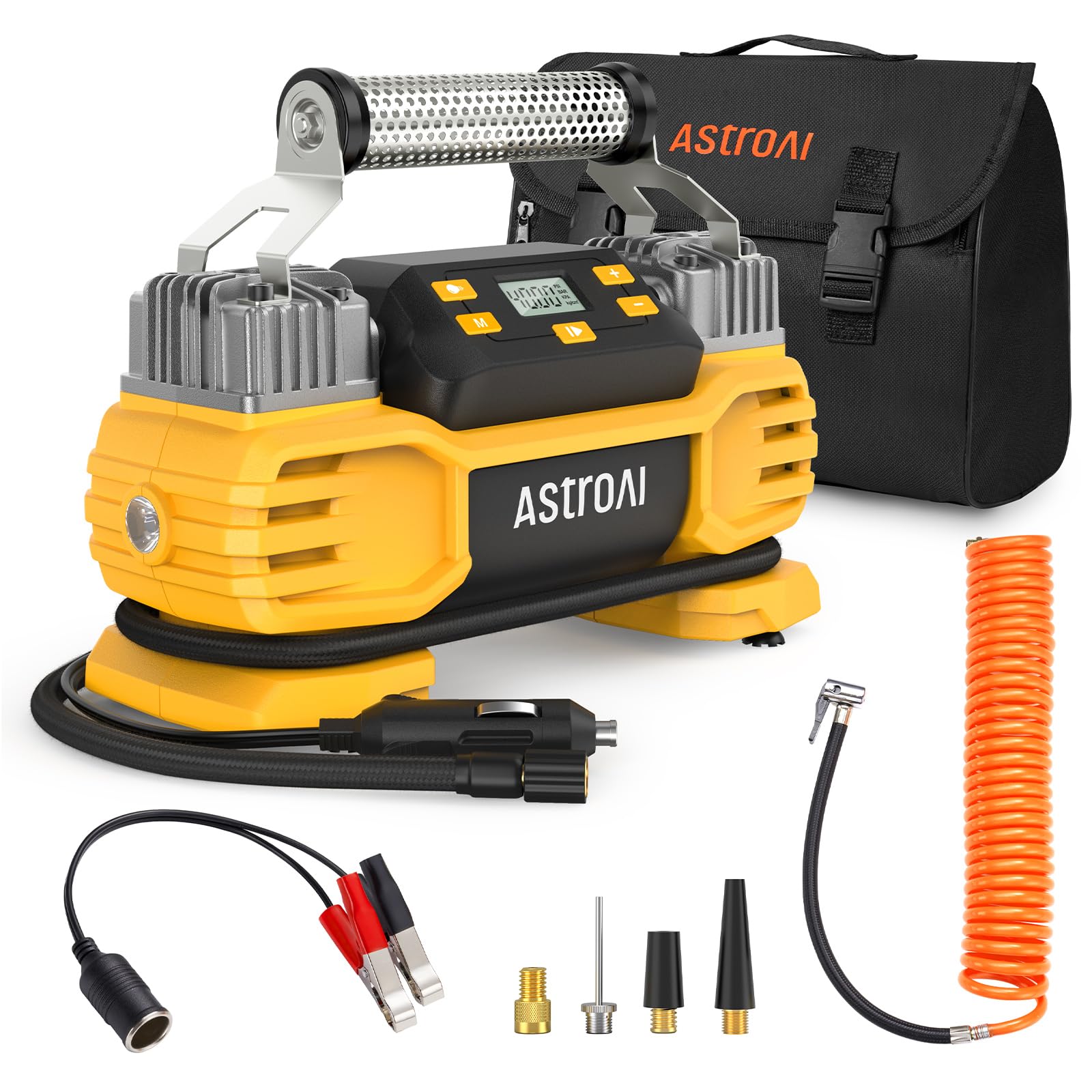 AstroAI Portable 160 PSI DC Heavy Duty Tire Inflator Pump Auto Shutoff with Screen, Dual Cylinders & Dual Motors, 12V Air Compressor for SUVs, RVs, ORVs, Cars, Air Mattresses, etc. Yellow