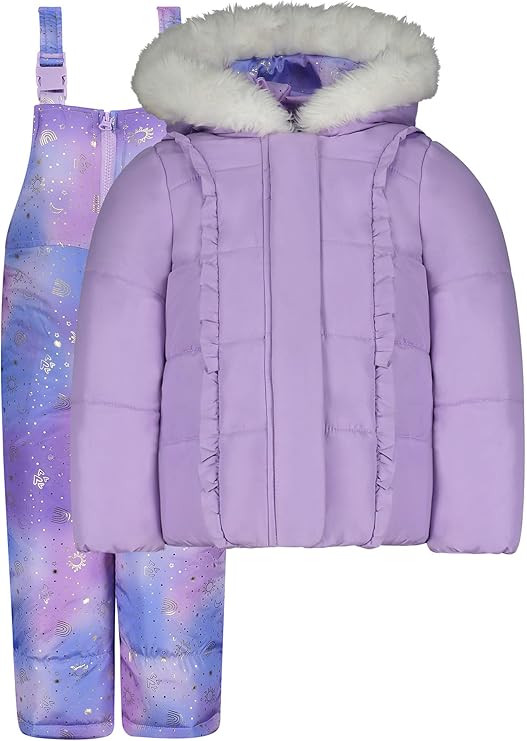 London Fog Girls' Toddler Snowsuit with Snowbib and Puffer Jacket(Discontinued), Violet Silver Foil, 2T