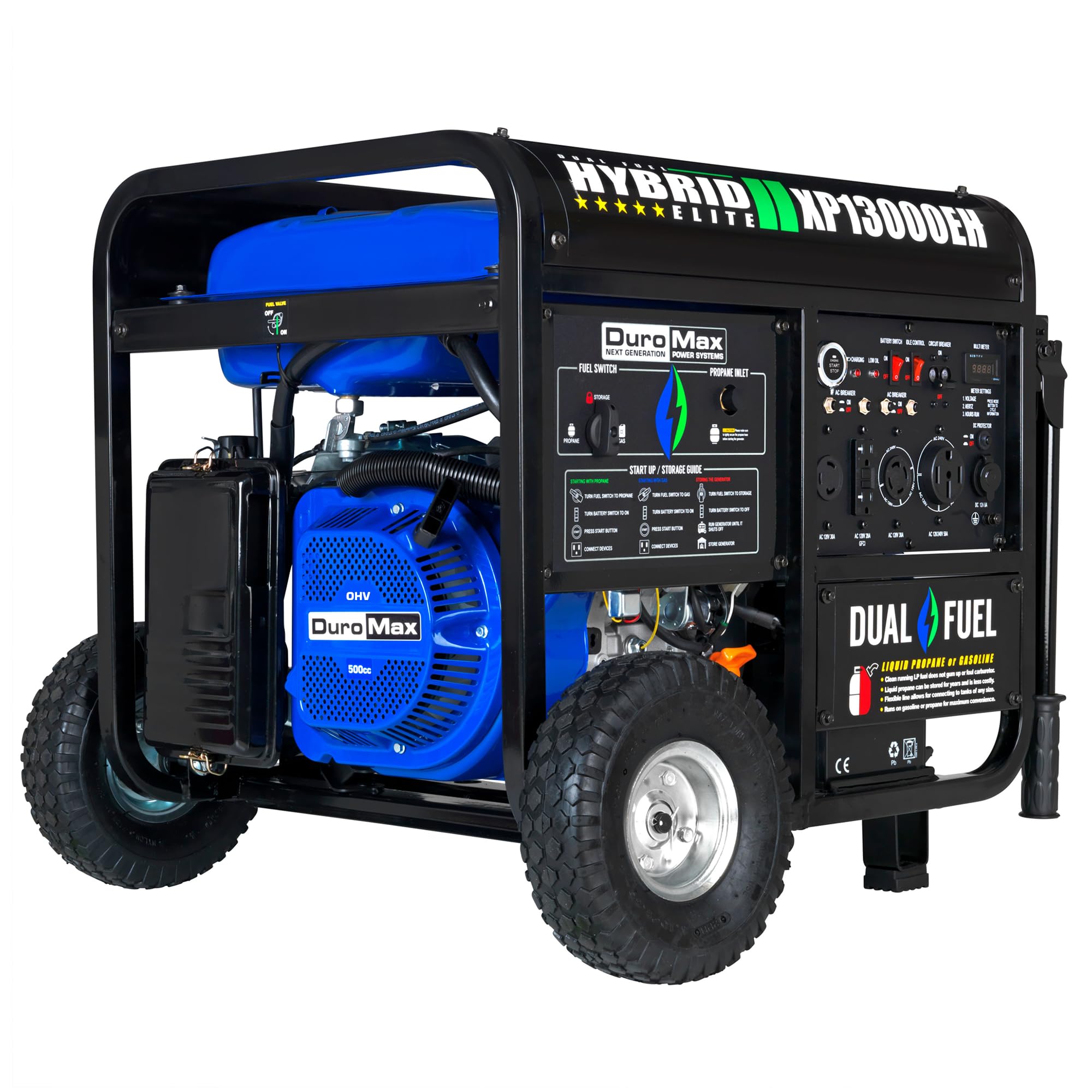 DuroMax XP13000EH Dual Fuel Portable Generator 13000 Watt Gas or Propane Powered Electric Start-Home Back Up, Blue/Gray