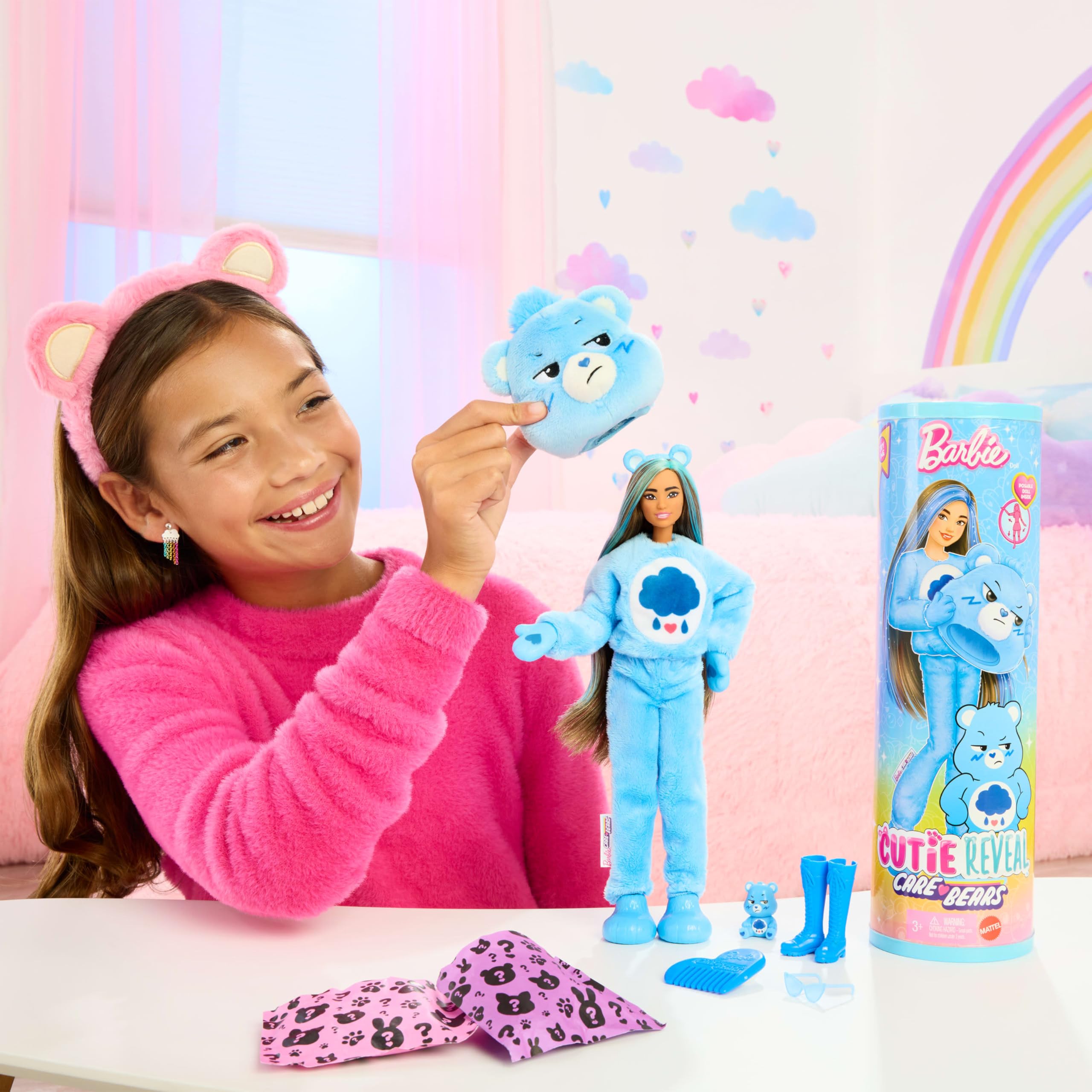 Barbie Cutie Reveal Doll & Accessories, Care Bears Series, Fashion Doll with Grumpy Bear Plush Costume & 10 Surprises Including Color Change & Mini Bear