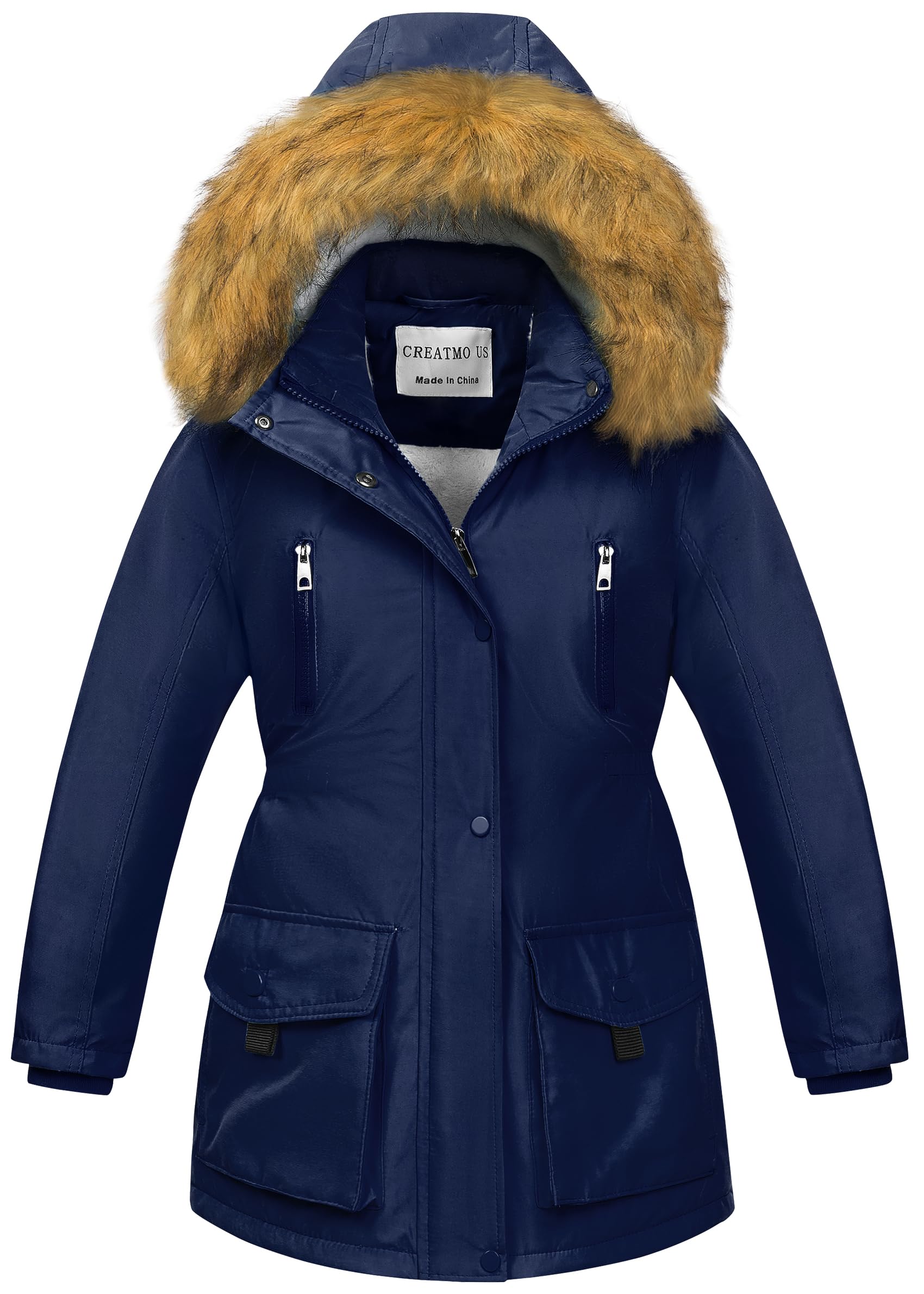 CREATMO US Girl's Long Puffer Coat Safe Lightweight Snow Outwear Jackets Sherpa Warm Teenager Coats For Girls With Removable Hood Navy Blue 14-16