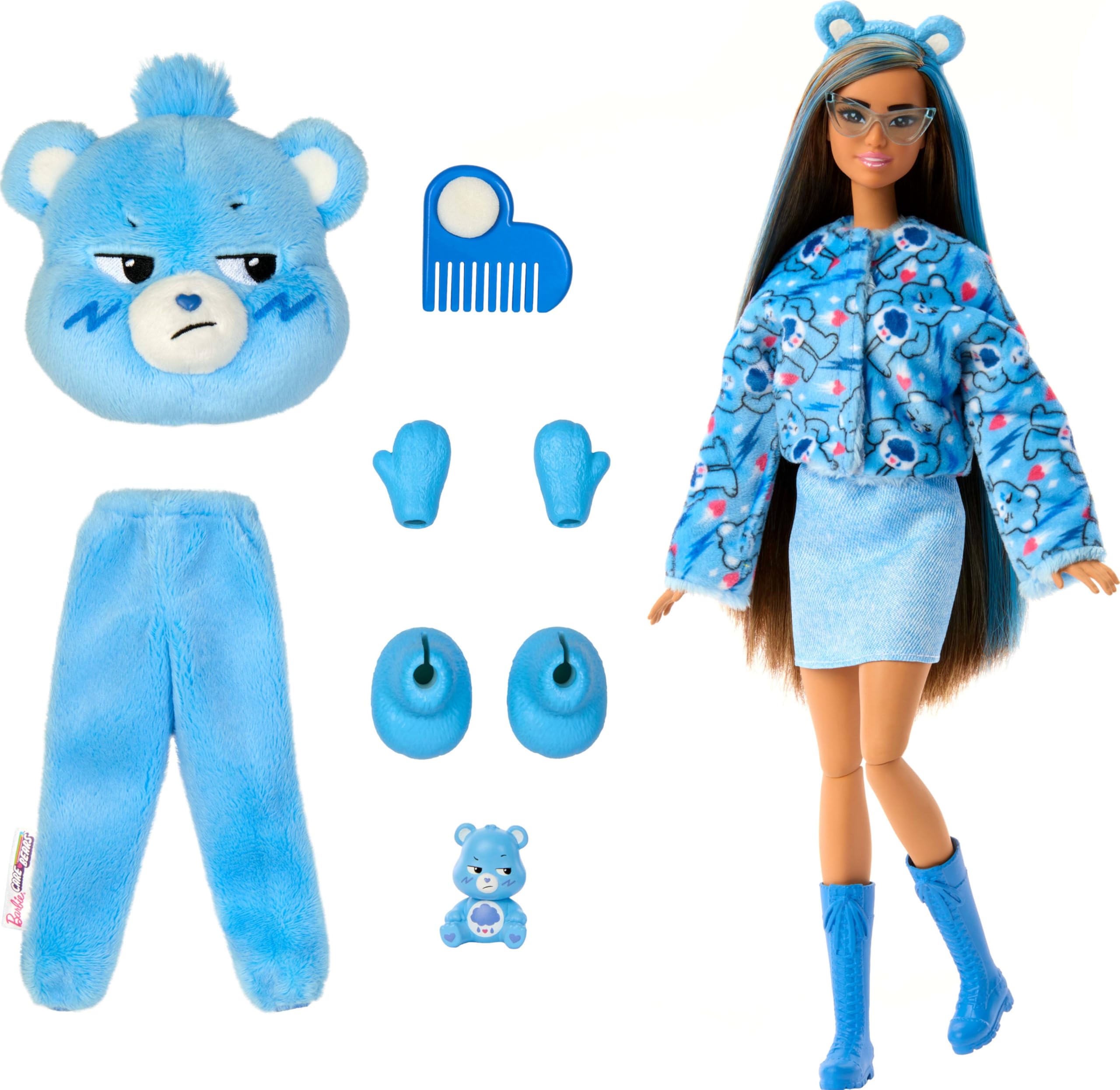 Barbie Cutie Reveal Doll & Accessories, Care Bears Series, Fashion Doll with Grumpy Bear Plush Costume & 10 Surprises Including Color Change & Mini Bear