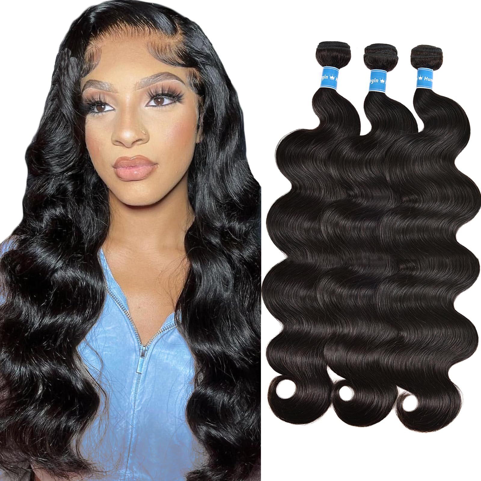 Body Wave Bundles Human Hair Brazilian Hair 3 Bundles Human Hair for Black Women 22 24 26 Inch 10A Grade 100% Unprocessed Body Wave Human Hair Bundles Hair Extensions Natural Color