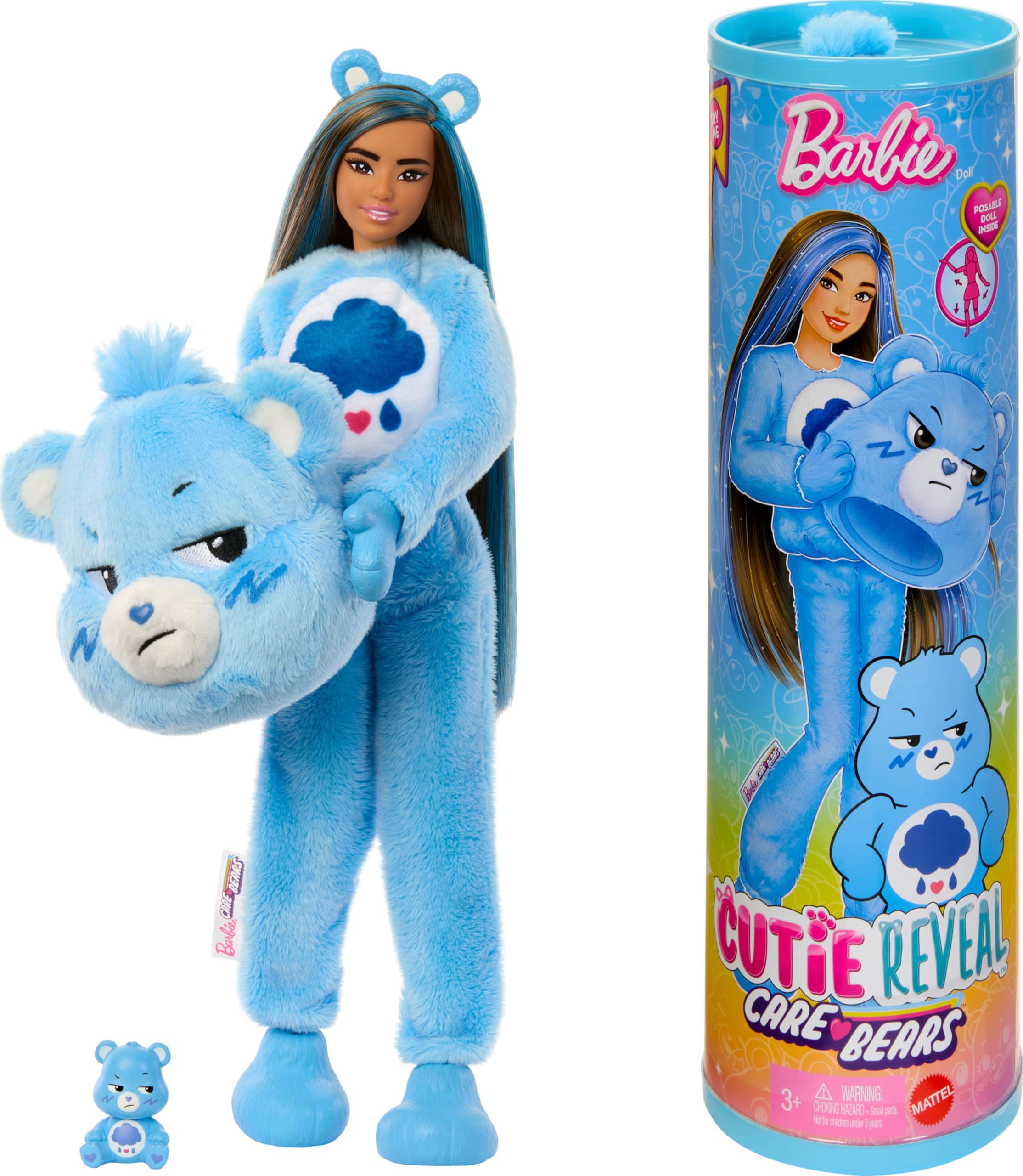 Barbie Cutie Reveal Doll & Accessories, Care Bears Series, Fashion Doll with Grumpy Bear Plush Costume & 10 Surprises Including Color Change & Mini Bear