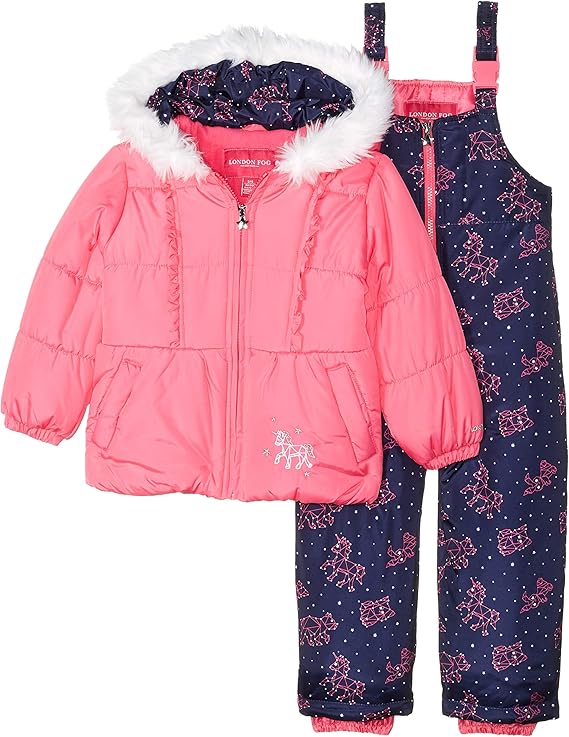 London Fog Girls' Toddler Snowsuit with Snowbib and Puffer Jacket(Discontinued), Violet Silver Foil, 2T