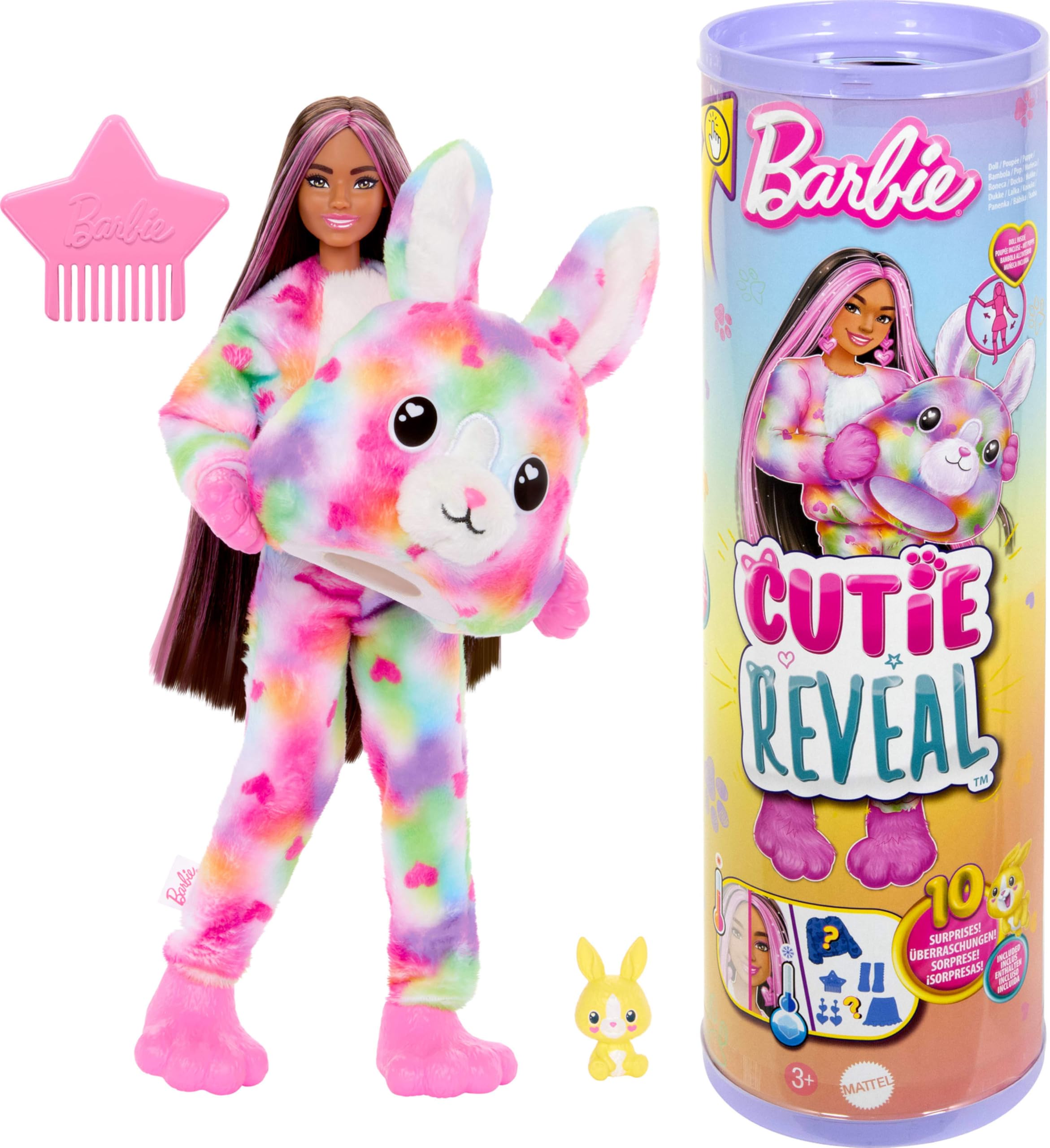 Barbie Cutie Reveal Doll & Accessories, Color Dream Series, Tie-Dyed Bunny Costume & 10 Surprises Including Color Change