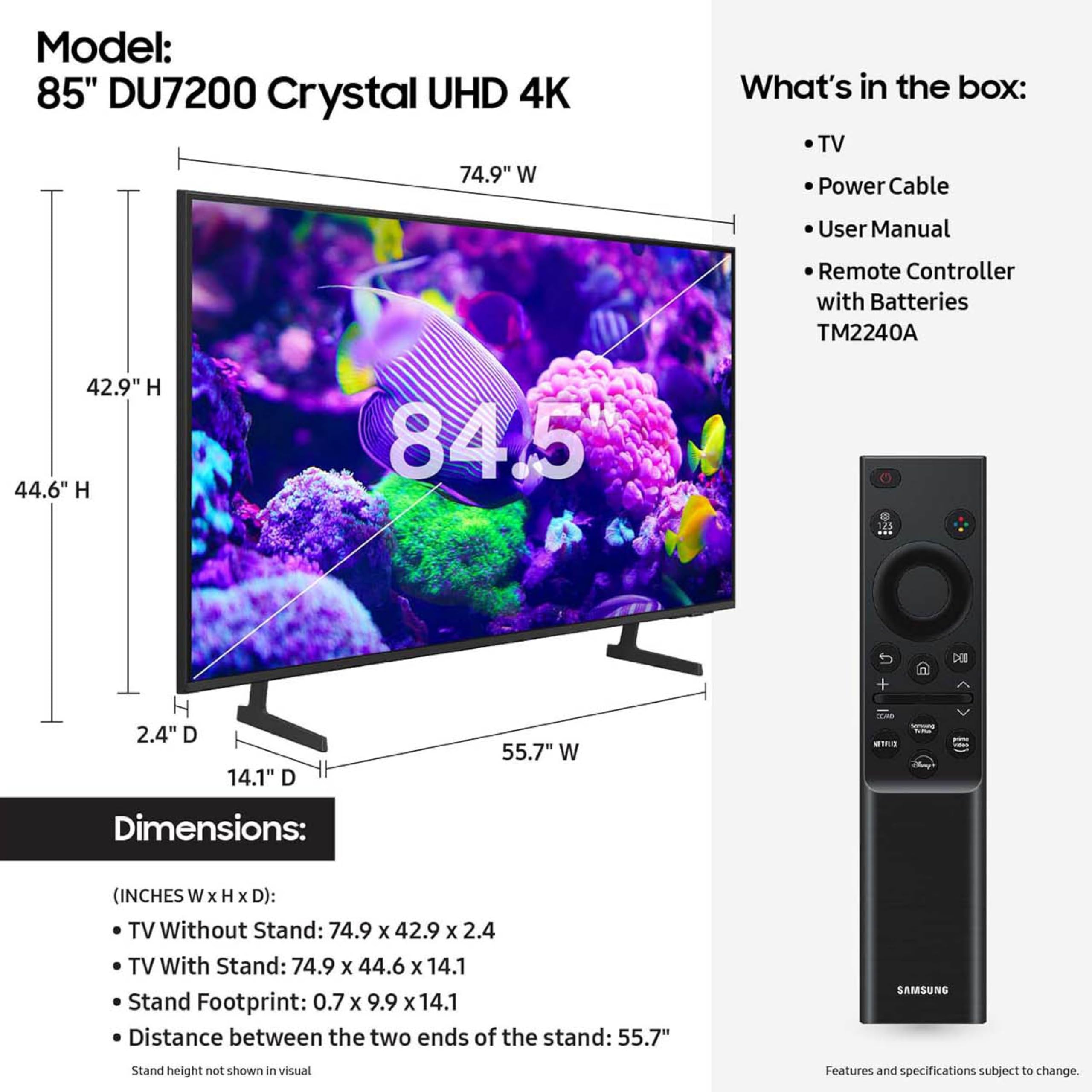 SAMSUNG 85-Inch Class Crystal UHD 4K DU7200 Series HDR Smart TV w/Object Tracking Sound Lite, PurColor, Motion Xcelerator, Mega Contrast, Q-Symphony (UN85DU7200, 2024 Model)