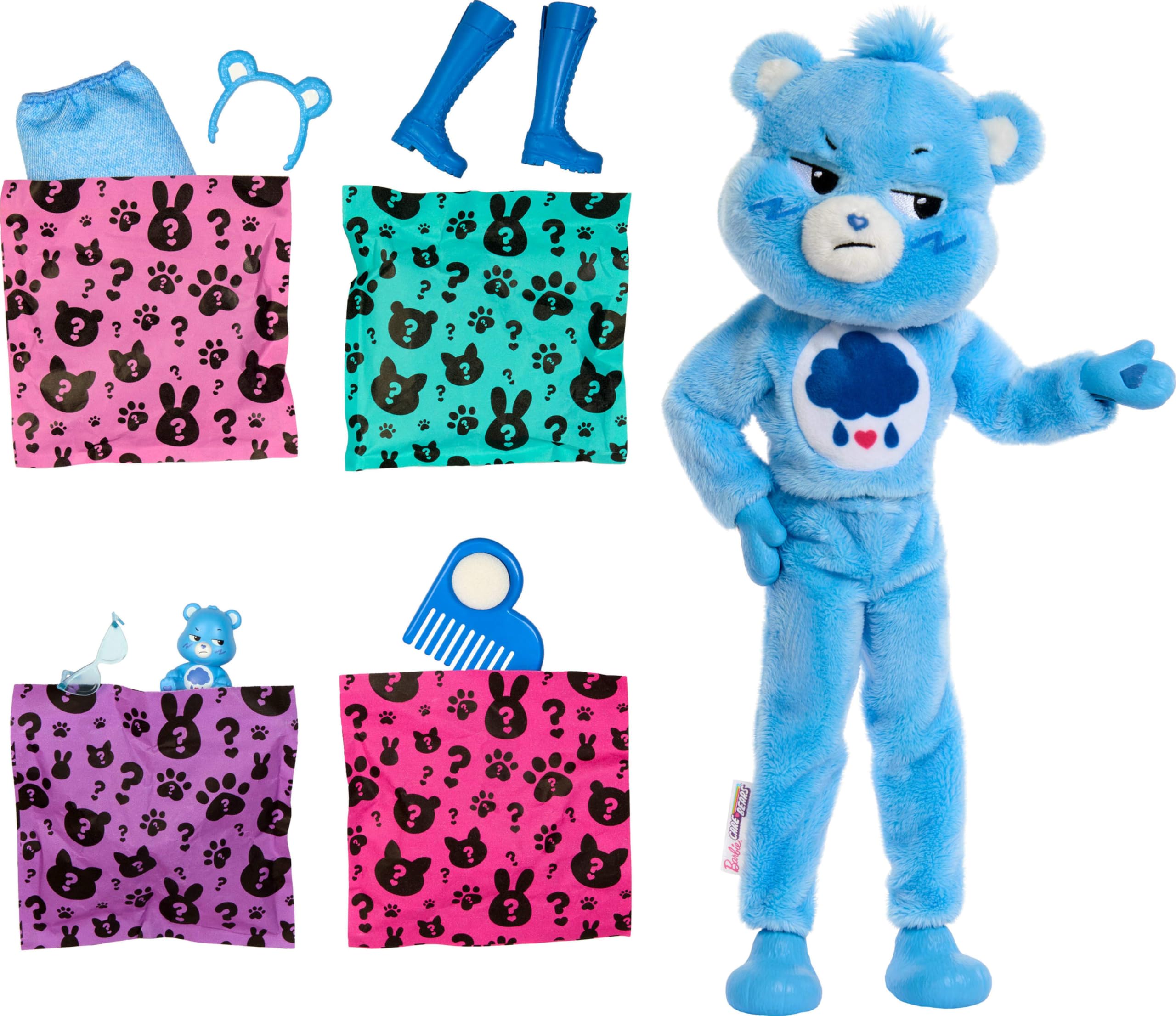 Barbie Cutie Reveal Doll & Accessories, Care Bears Series, Fashion Doll with Grumpy Bear Plush Costume & 10 Surprises Including Color Change & Mini Bear