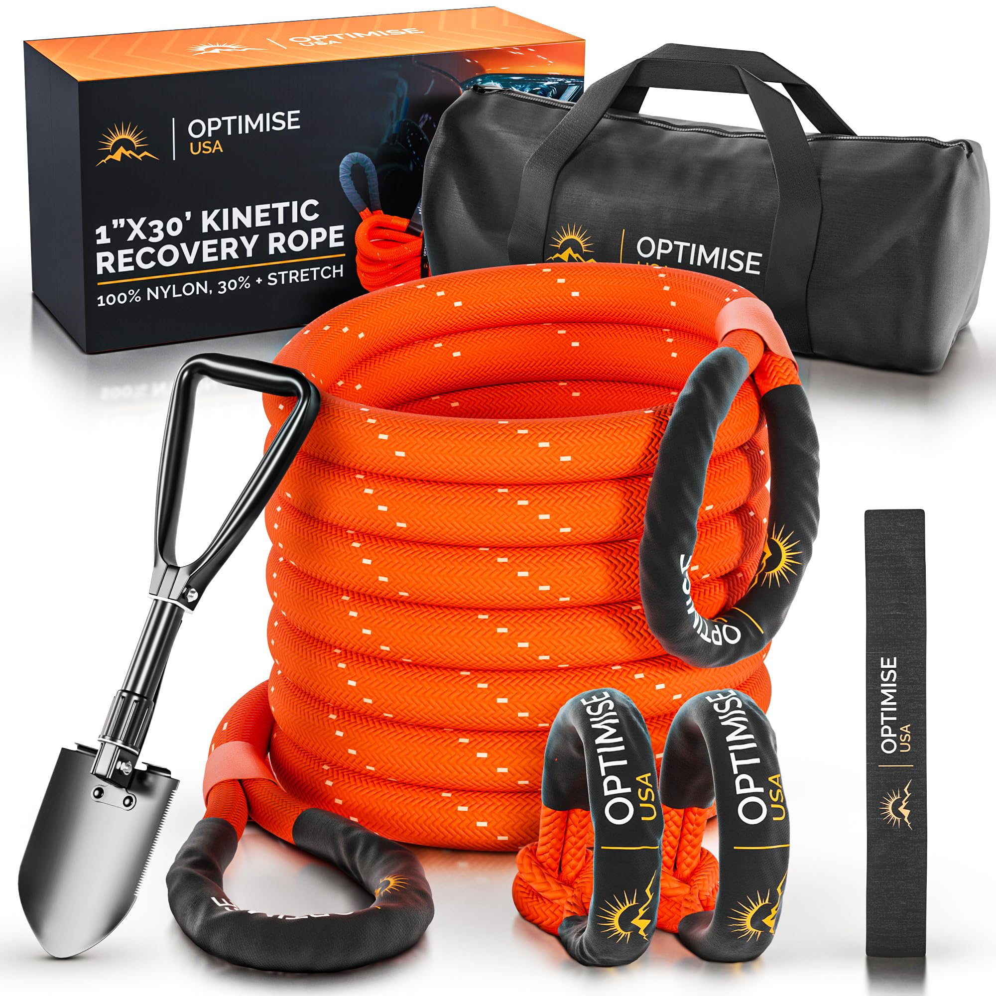 1" x 30ft Kinetic Recovery Rope (48,500lbs) - Heavy Duty Tow Strap with Off Road Shovel, 2 Soft Shackles (7/16"x22") & Carry Bag - Offroad Recovery Kit, Recovery Strap, Tow Rope for Truck ATV UTV SUV