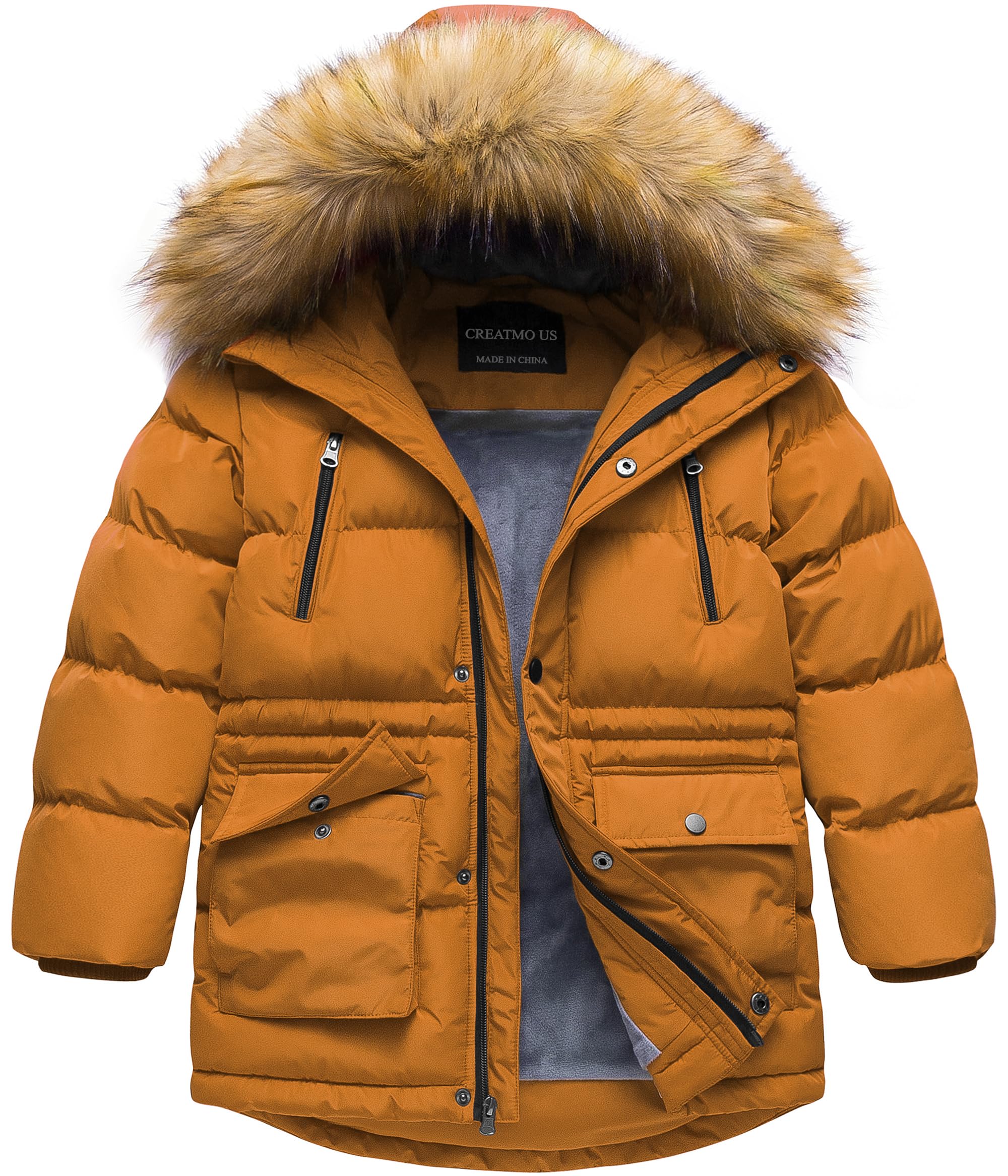 CREATMO US Big Boys Winter Coat Windproof Stylish Youth Puffer Jacket Fleece Thicken Kids Parka With Removable Hood Tan 14-16